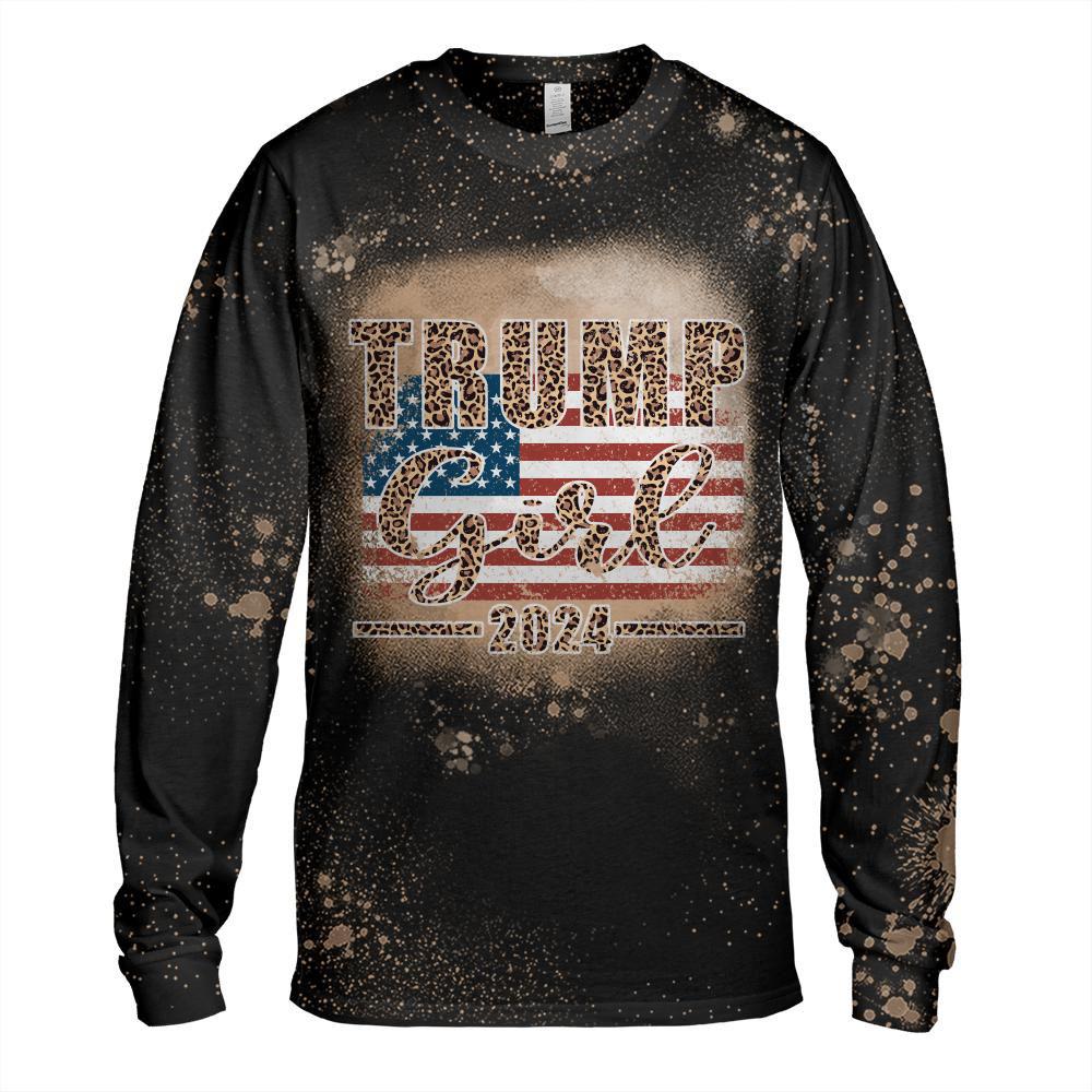 Trump Girl 2024 Leopard Print American Flag Women For Trump Long Sleeve T-Shirt