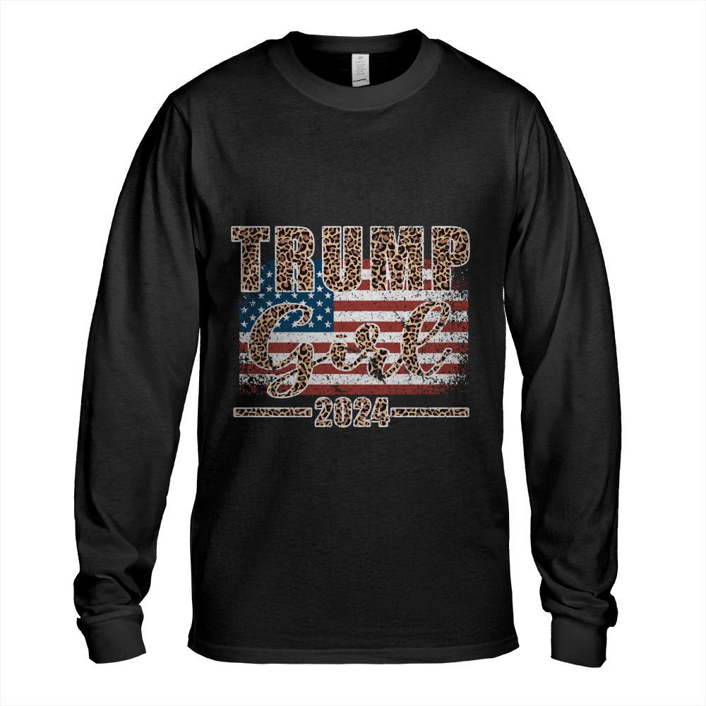 Trump Girl 2024 Leopard Print American Flag Women For Trump Long Sleeve T-Shirt