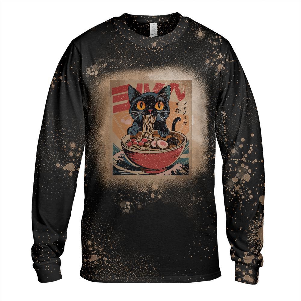 Cat Ramen Japanese Funny Graphic Tees Kawaii Cat Anime Long Sleeve T-Shirt