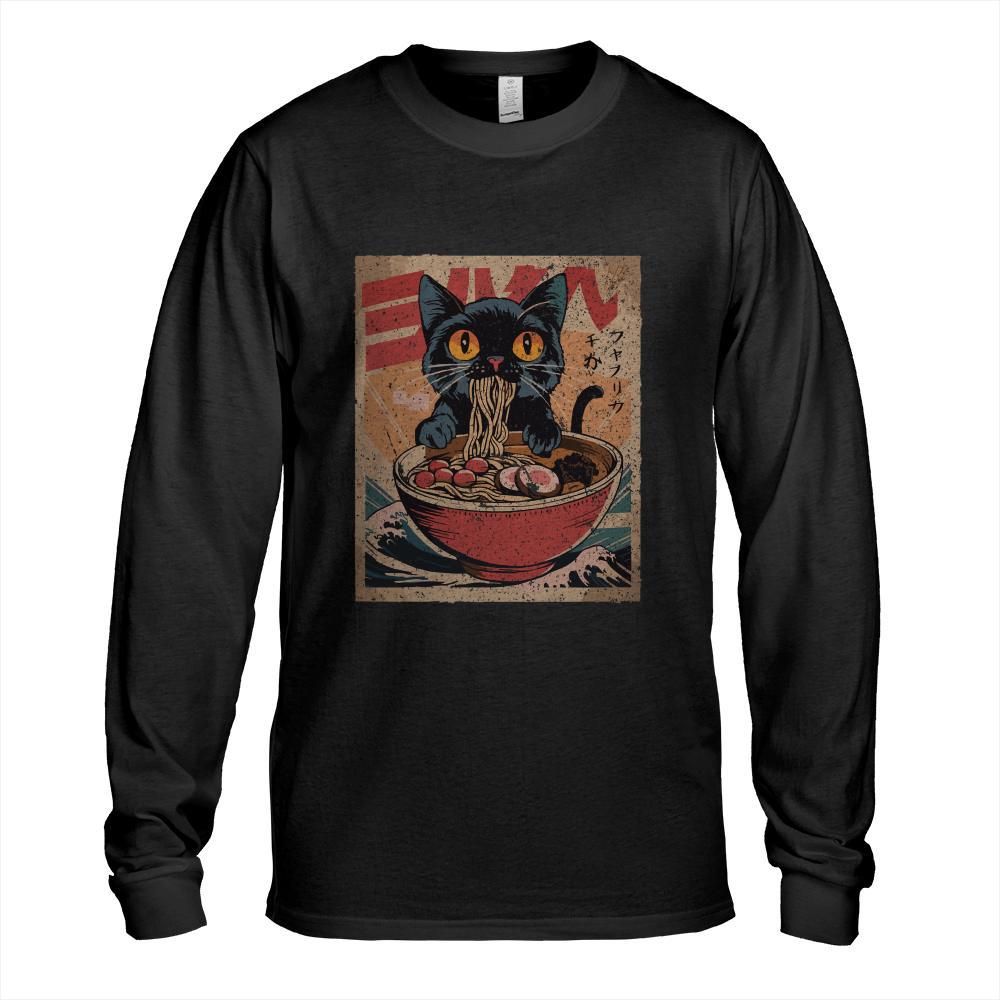 Cat Ramen Japanese Funny Graphic Tees Kawaii Cat Anime Long Sleeve T-Shirt