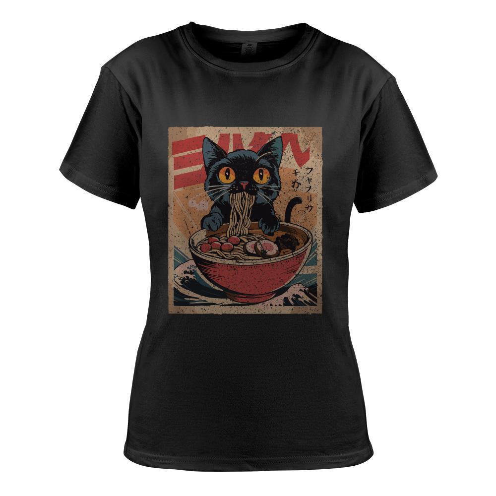 Cat Ramen Japanese Funny Graphic Tees Kawaii Cat Anime Long Sleeve T-Shirt